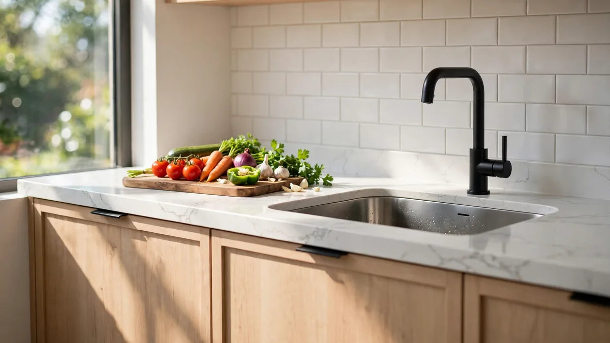 Bancada de cozinha de quartzo branco com cuba de inox e tábua com legumes