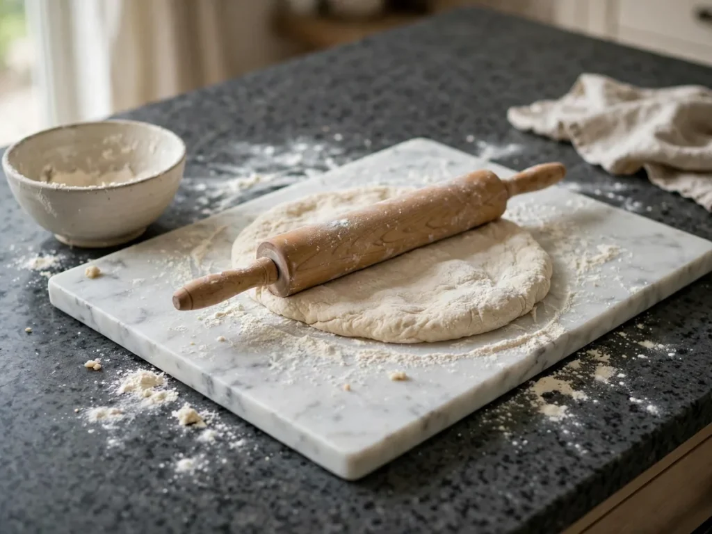 Tábua de mármore sobre bancada de granito escuro usada para abrir massa de pão