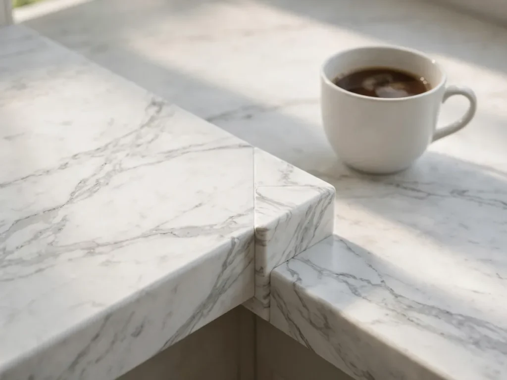 Quina de bancada de porcelanato imitando mármore com borda em meia-esquadria