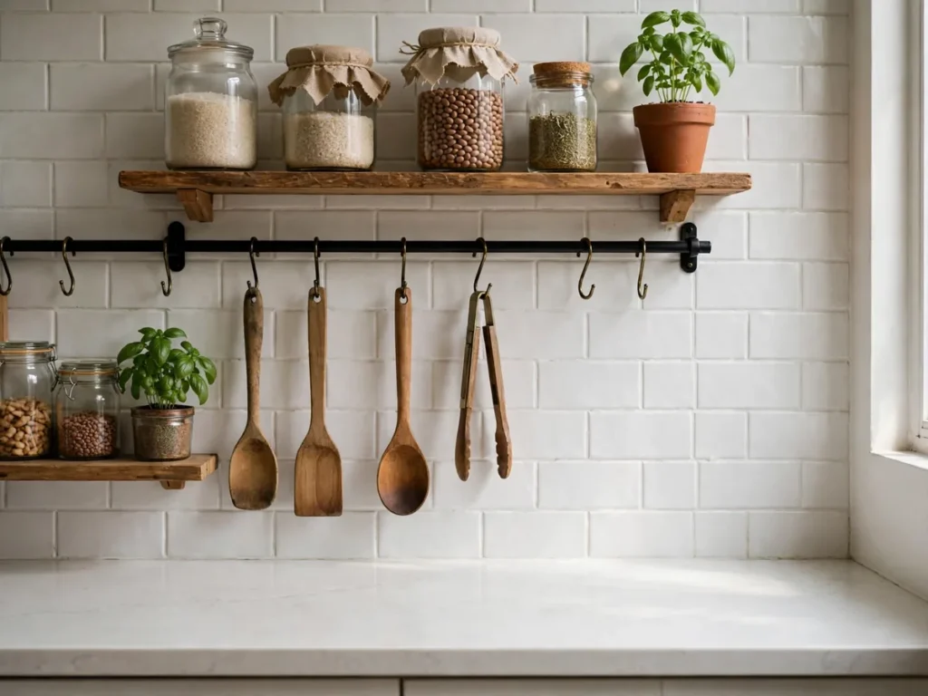 Barra com ganchos para utensílios e prateleira estreita com potes de vidro na cozinha