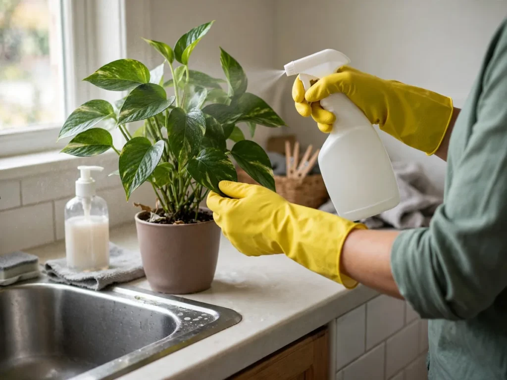Pessoa com luvas borrifando calda de sabão neutro no verso das folhas da planta