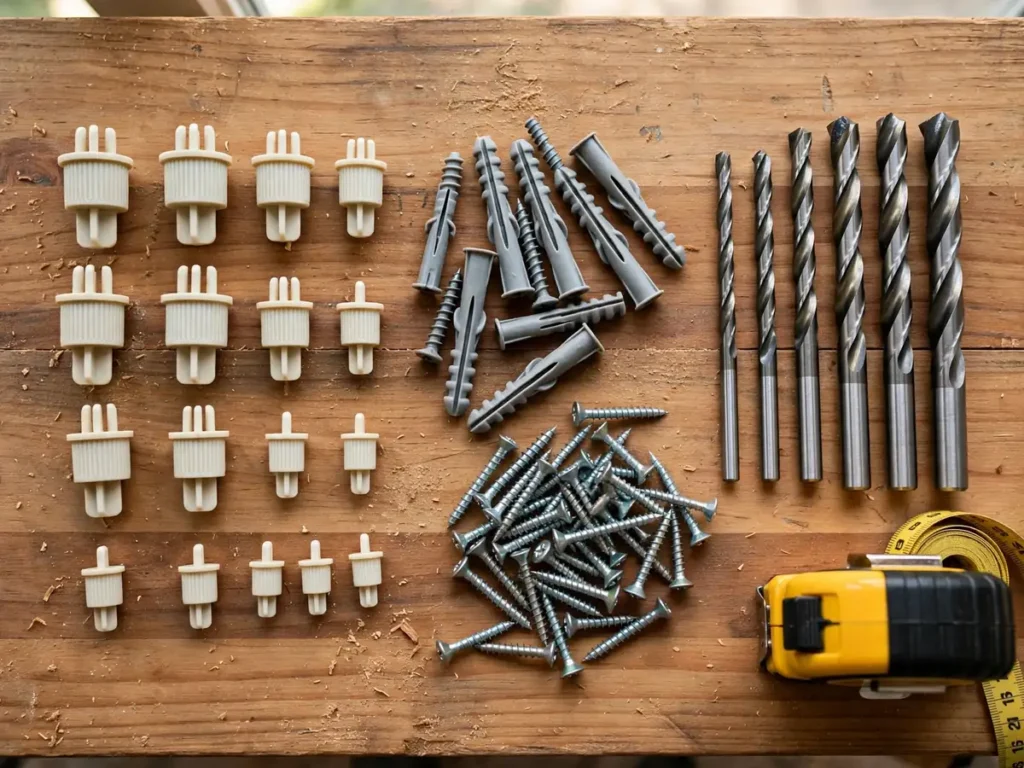 Buchas de nylon, buchas para drywall, parafusos e brocas organizados na bancada