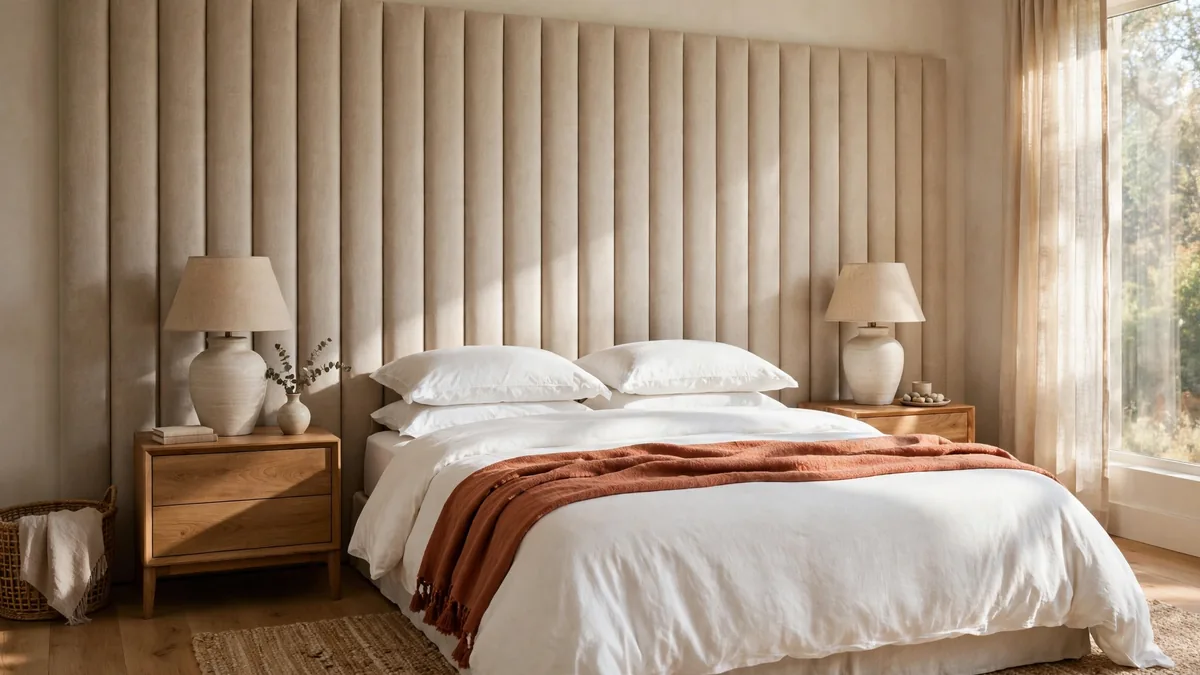 Cabeceira de cama estofada em linho bege com gomos verticais em quarto de casal