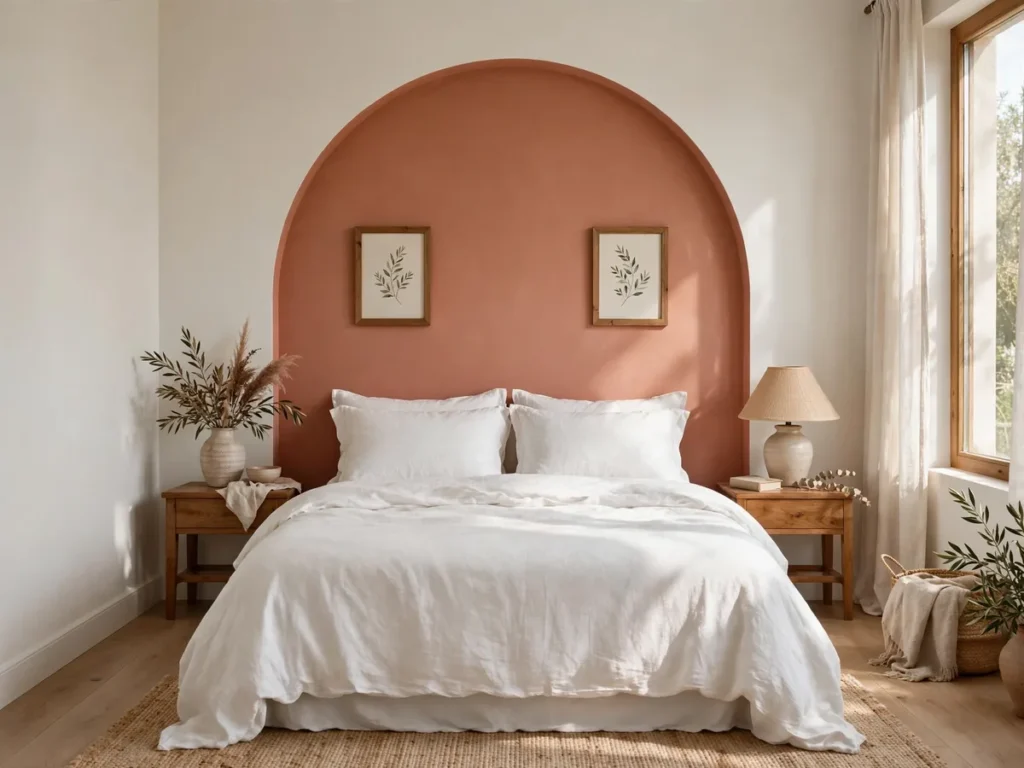 Cabeceira pintada em formato de arco terracota na parede atrás da cama