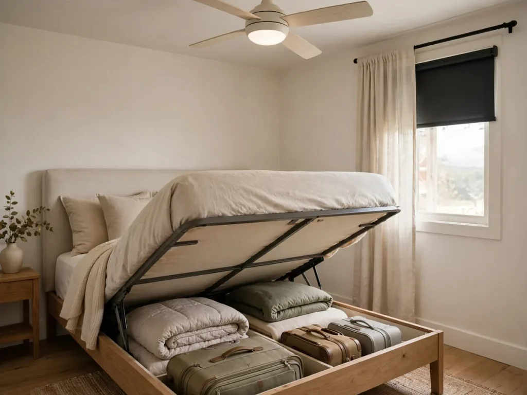 Cama baú aberta com edredons organizados e ventilador de teto em quarto pequeno de casal
