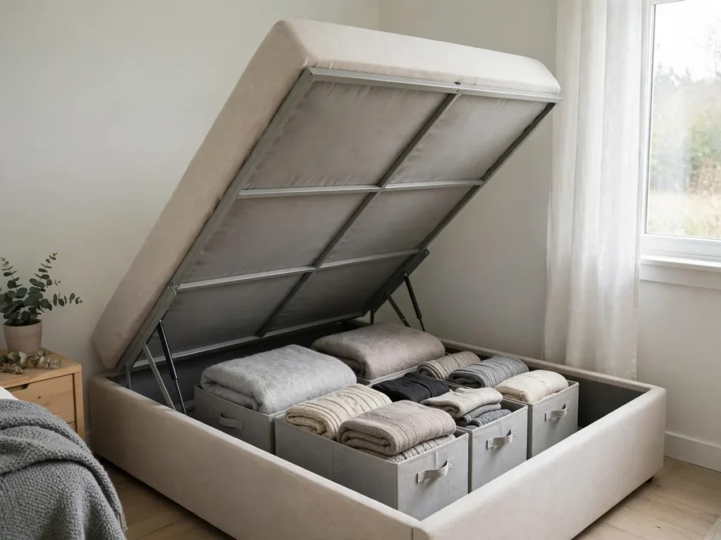 Cama baú aberta com caixas de roupas de inverno para organizar o guarda-roupa