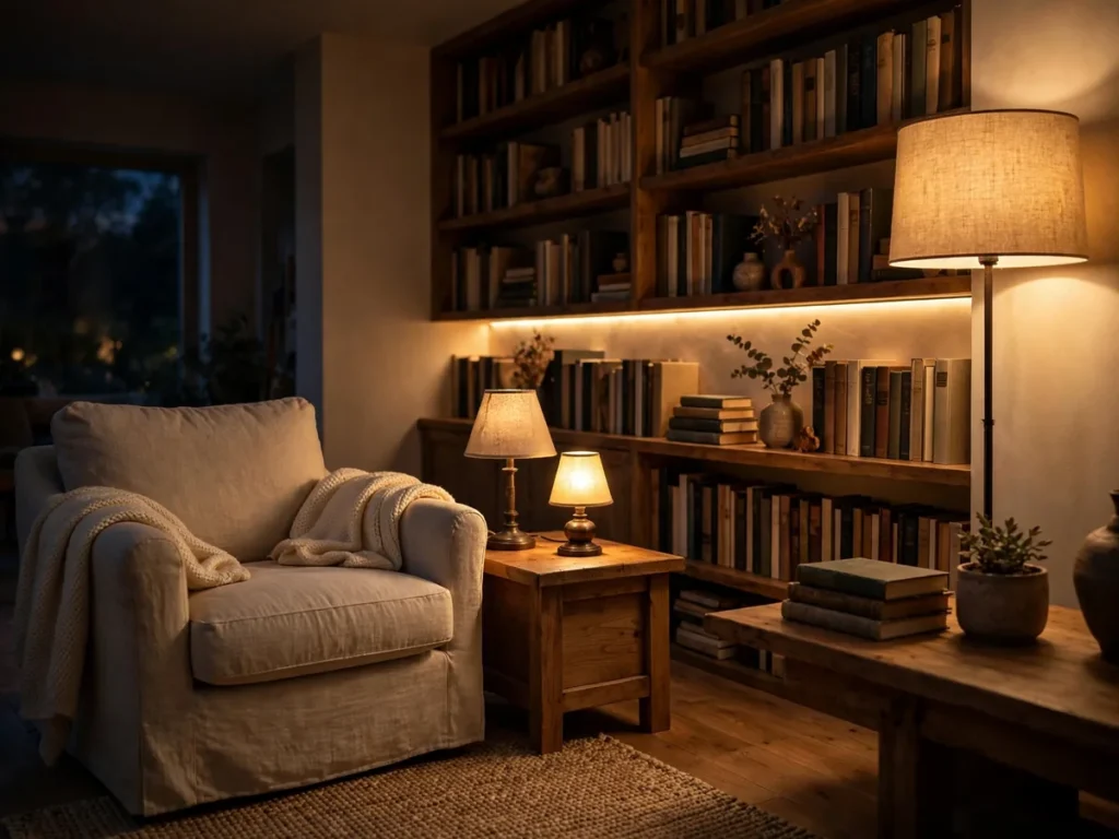Canto de leitura à noite com luminária de piso e abajur em luz quente