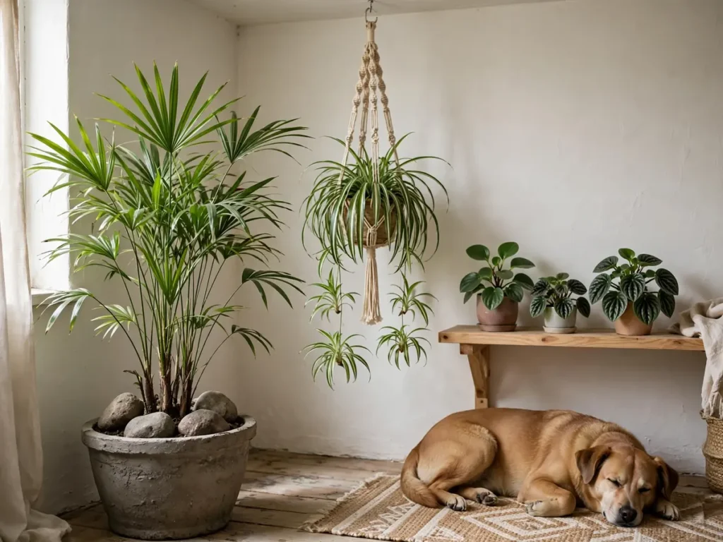 Canto de sala com plantas seguras para pets, vasos pesados e cachorro deitado ao lado