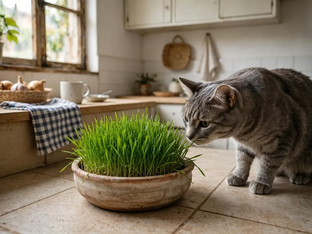 Gato cinza cheirando vaso de capim de gato sobre o piso da cozinha