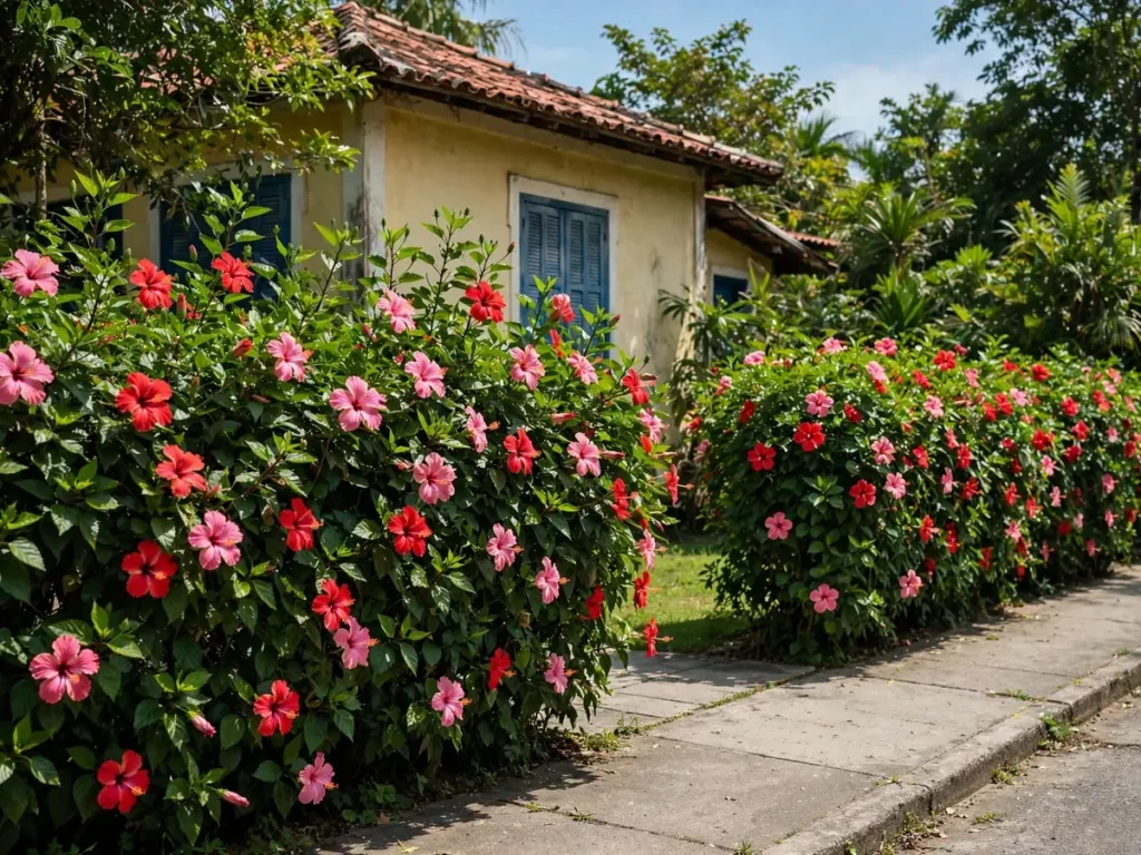 Cerca viva florida de hibisco vermelho e rosa ao longo da calçada