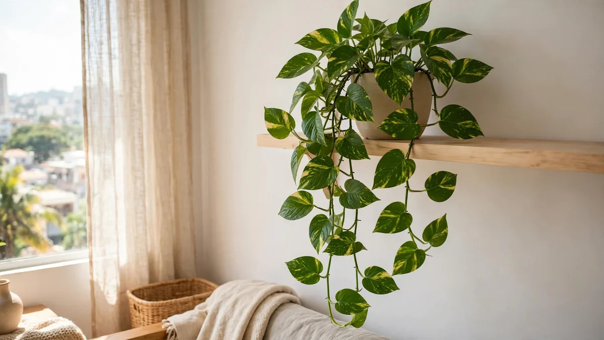 Jiboia com folhas verdes e amarelas pendendo de prateleira de madeira em sala iluminada