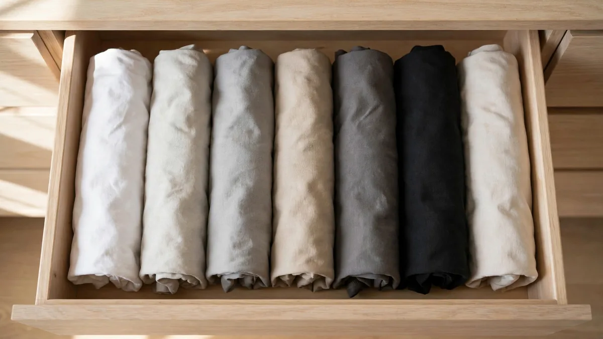 Camisetas dobradas em pé dentro da gaveta como arquivos, todas visíveis