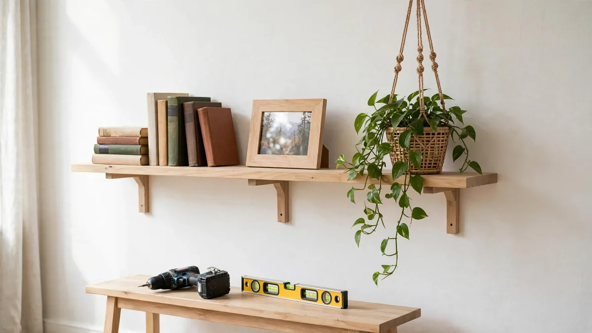 Prateleira de madeira instalada na parede com livros e planta, furadeira e nível abaixo
