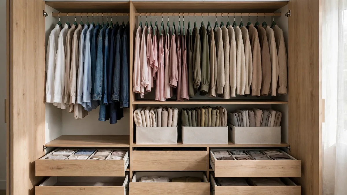 Guarda-roupa organizado com cabides iguais, roupas por cor e caixas de tecido
