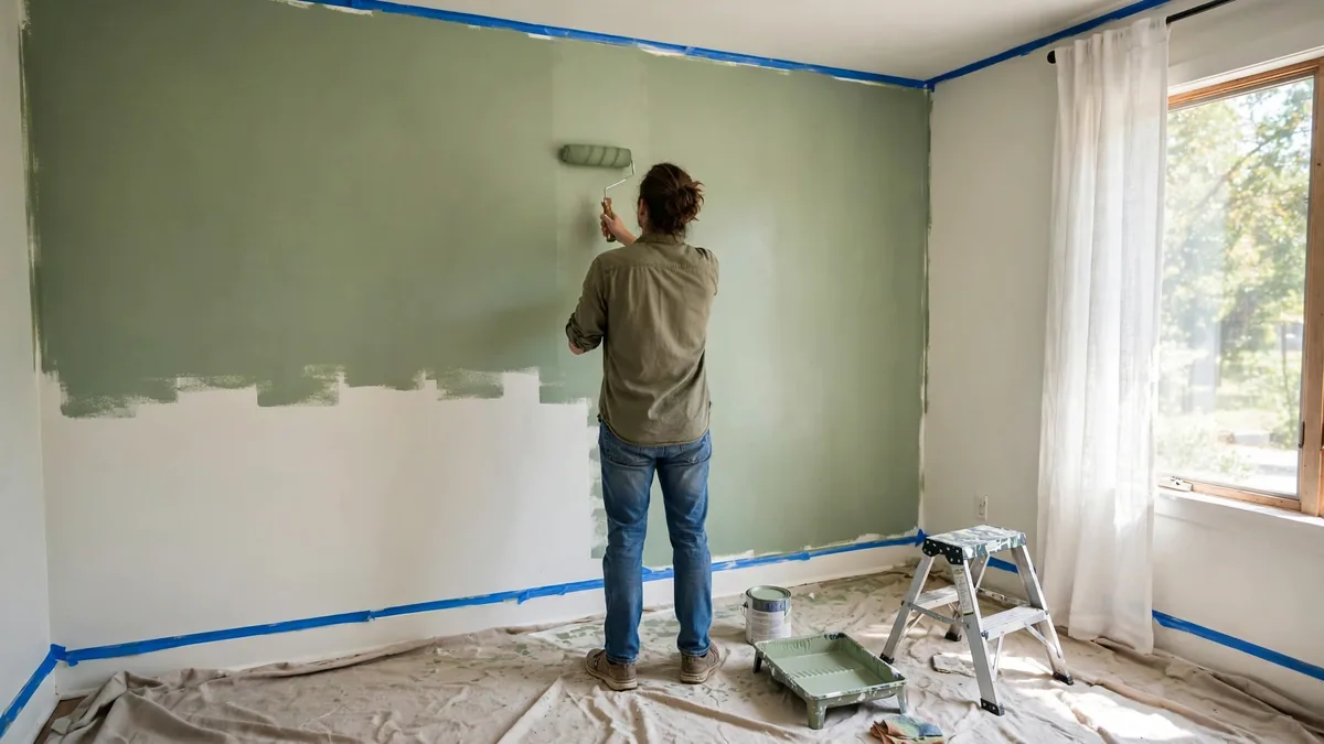 Pessoa pintando parede com rolo em verde-sálvia com fita crepe e piso protegido