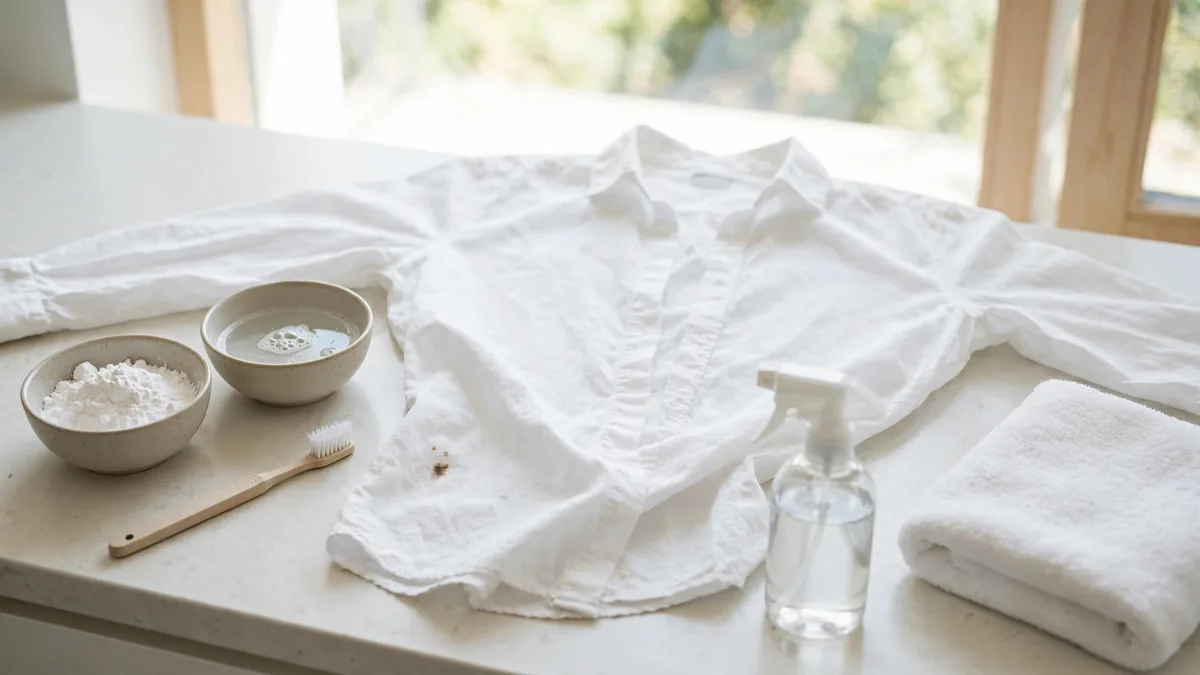 Camisa branca com mancha de café na bancada da lavanderia com itens para tirar mancha