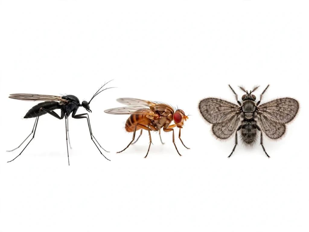 Comparação entre mosca-dos-fungos, mosquinha-da-fruta e mosca-de-ralo ampliadas