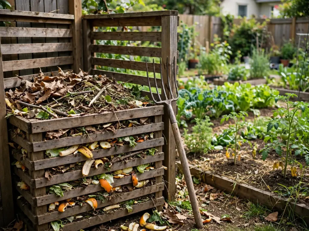 Caixa de compostagem de madeira no quintal com folhas secas e restos de poda