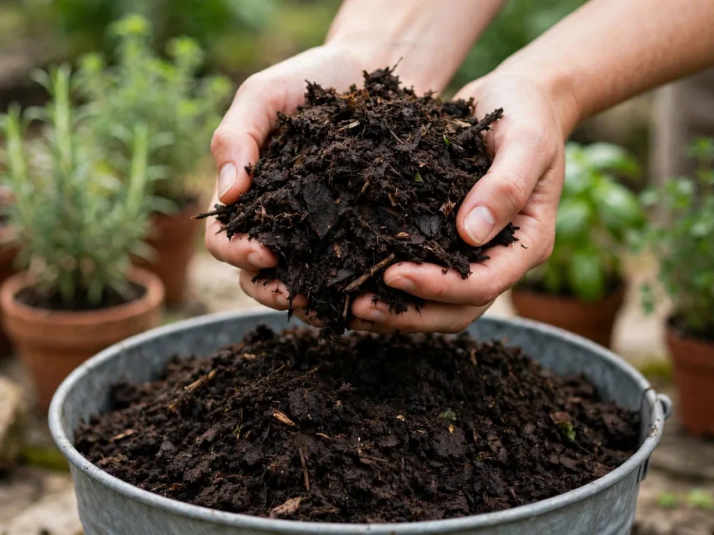 Mãos segurando composto orgânico pronto, escuro e solto, sobre balde