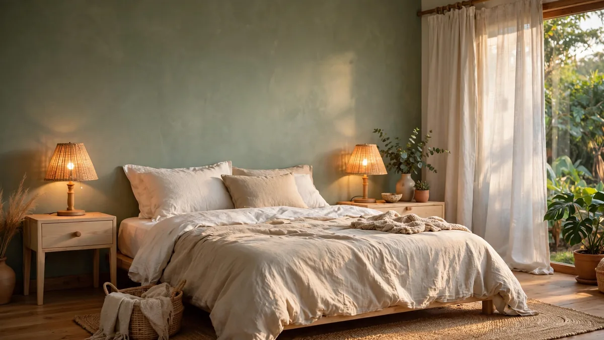 Quarto de casal com parede verde-sálvia e roupa de cama em tons de areia