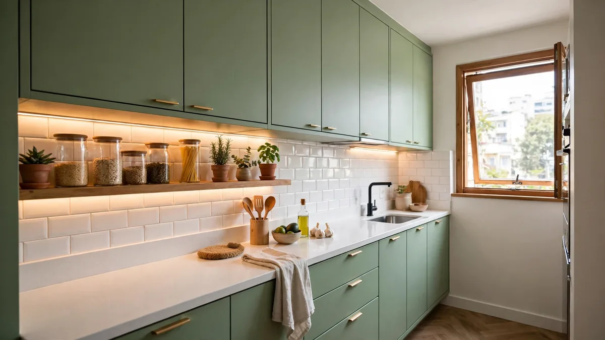Cozinha pequena decorada com armários verde-sálvia até o teto e azulejo branco