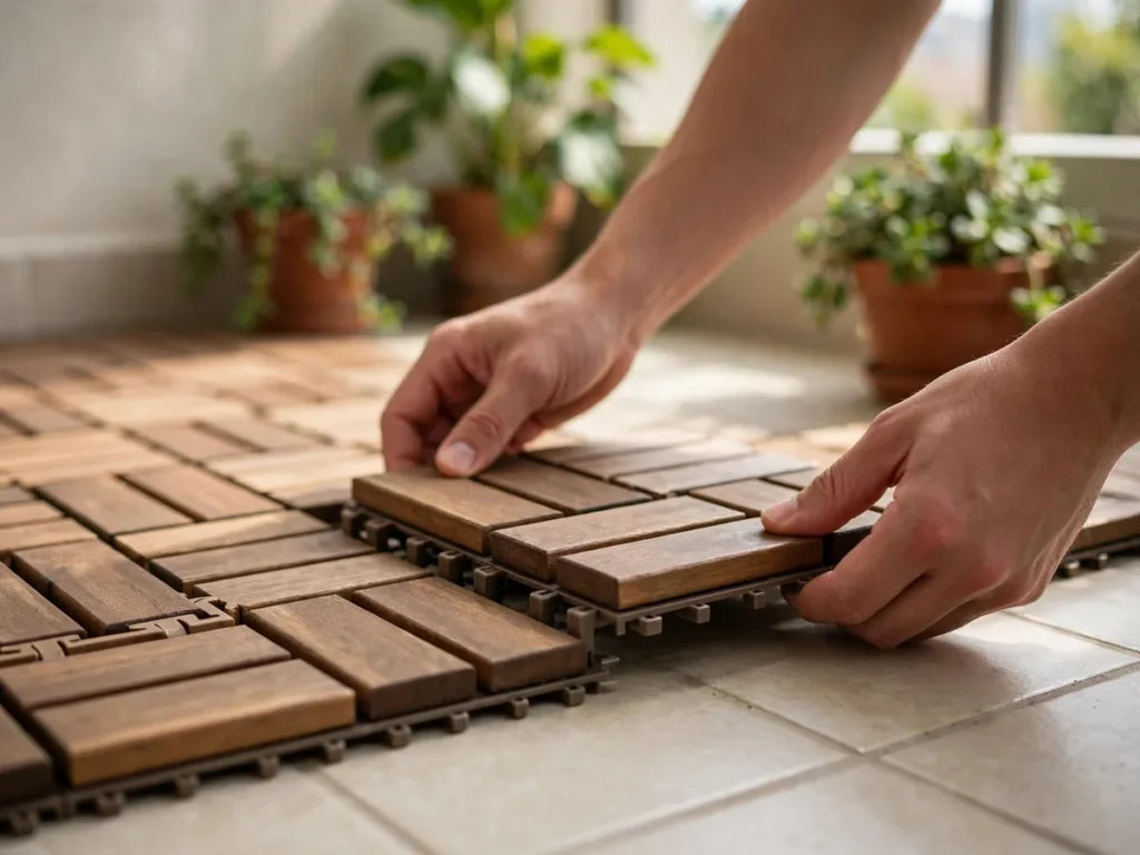Placas de deck modular de madeira encaixadas sobre o piso cerâmico da varanda