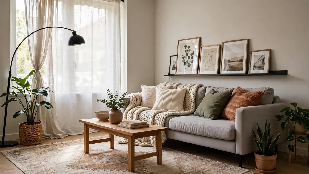 Sala de apartamento alugado decorada com quadros apoiados, luminária de piso e plantas
