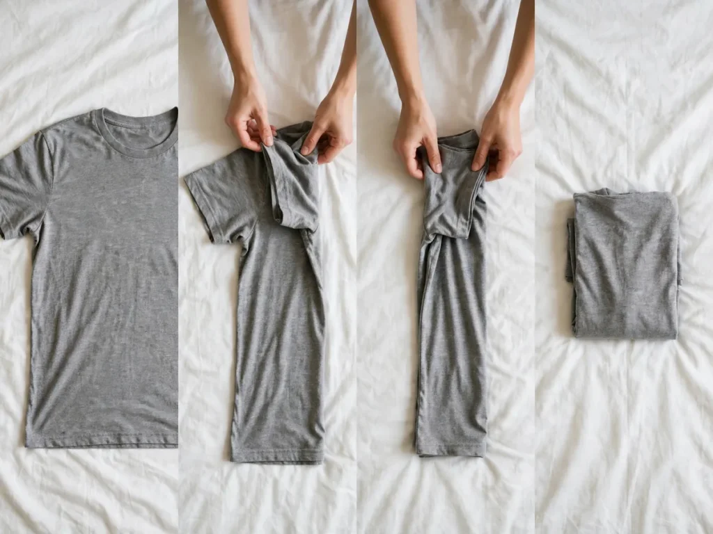 Etapas da dobra de camiseta em retângulo compacto para guardar em pé