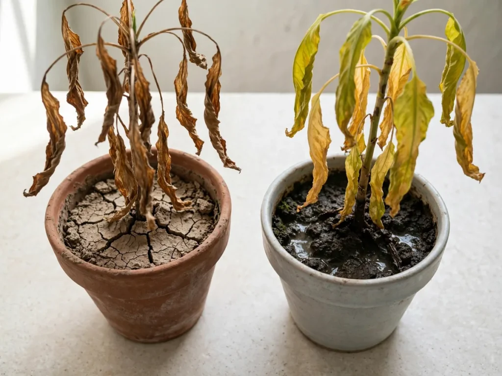 Comparação entre planta murcha por falta de água e planta amarelada por excesso de rega