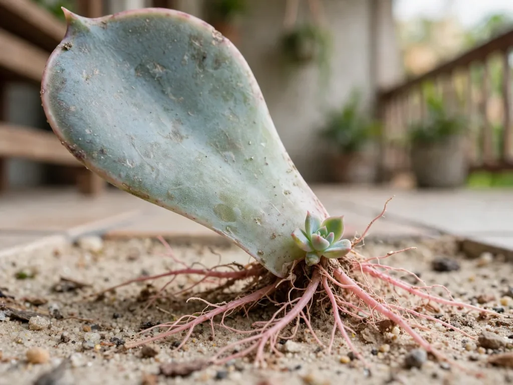 Folha de echevéria com raízes rosadas e pequena roseta nova brotando na base