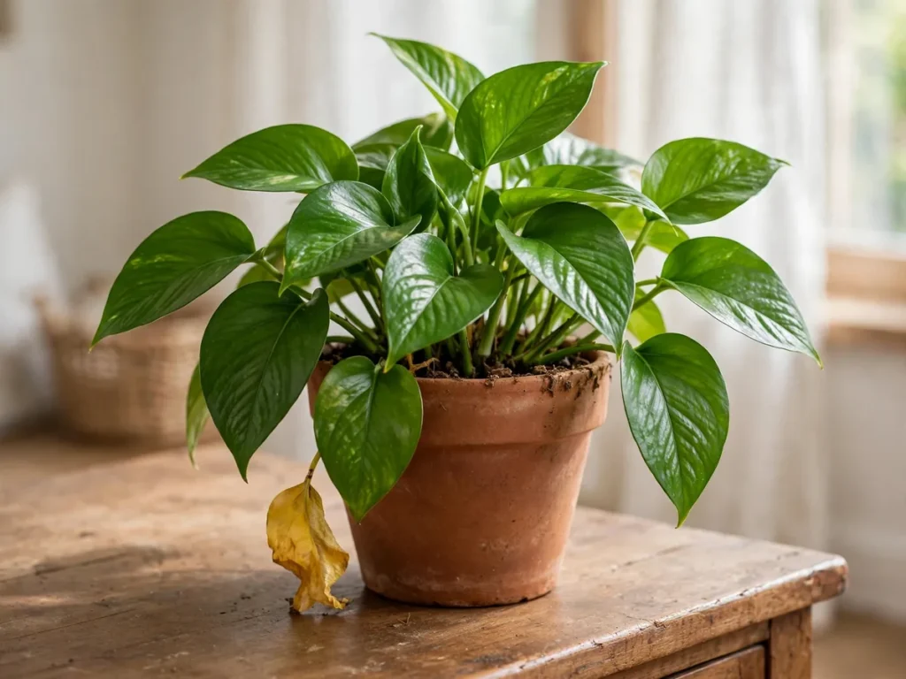 Planta saudável com uma única folha velha amarela na base, envelhecimento natural