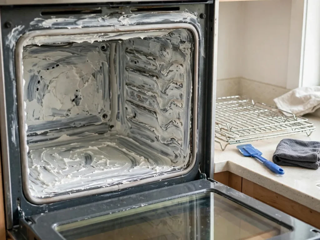 Forno aberto com pasta de bicarbonato nas paredes internas e espátula ao lado