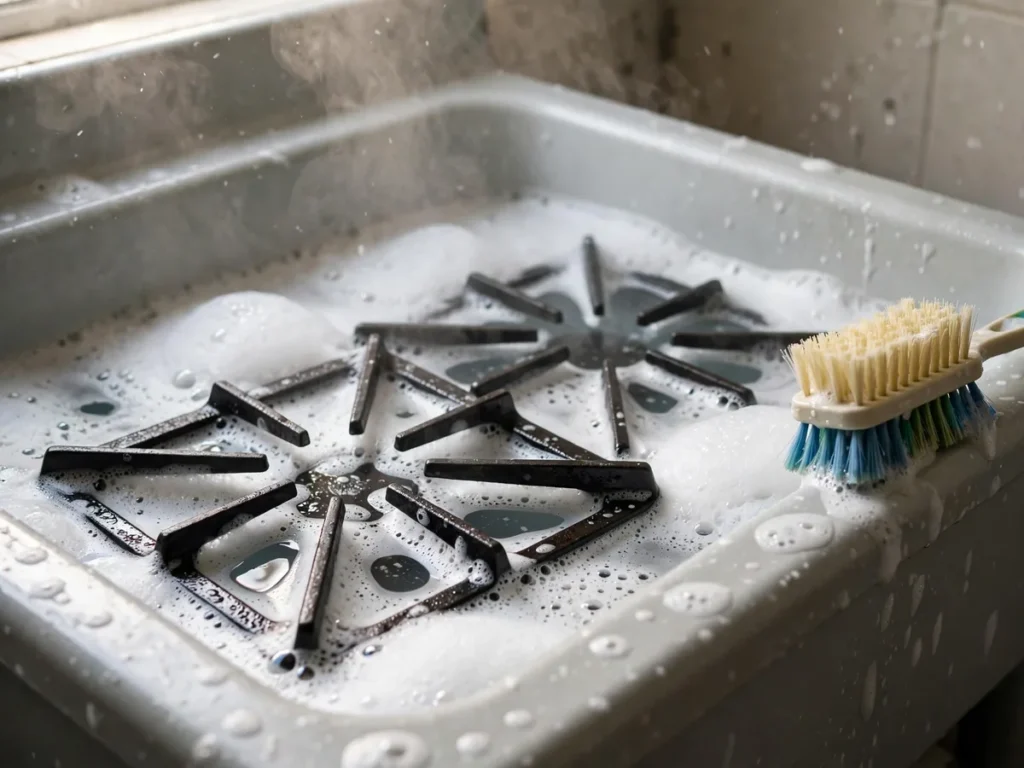 Grelhas de fogão de molho em água quente com detergente no tanque
