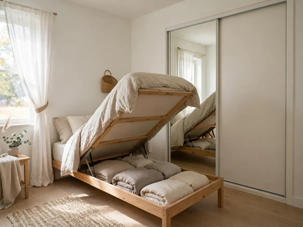 Guarda-roupa de correr na cor da parede e cama baú aberta em quarto pequeno