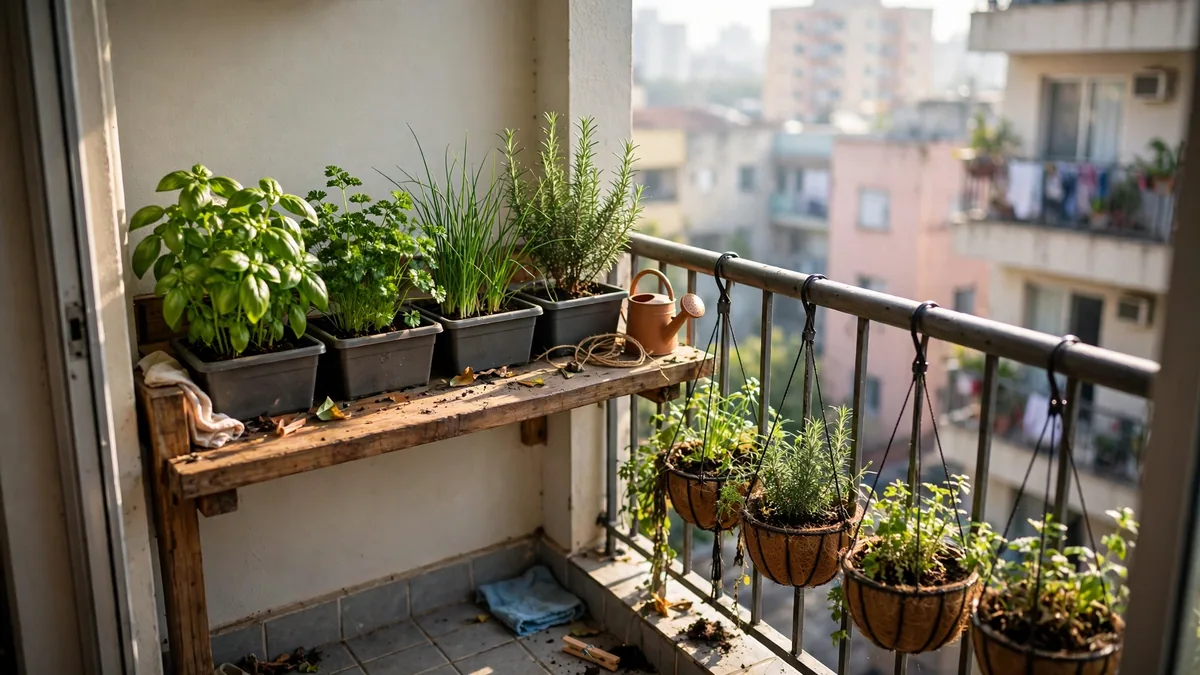 Horta em apartamento com vasos de temperos em prateleira de madeira na varanda