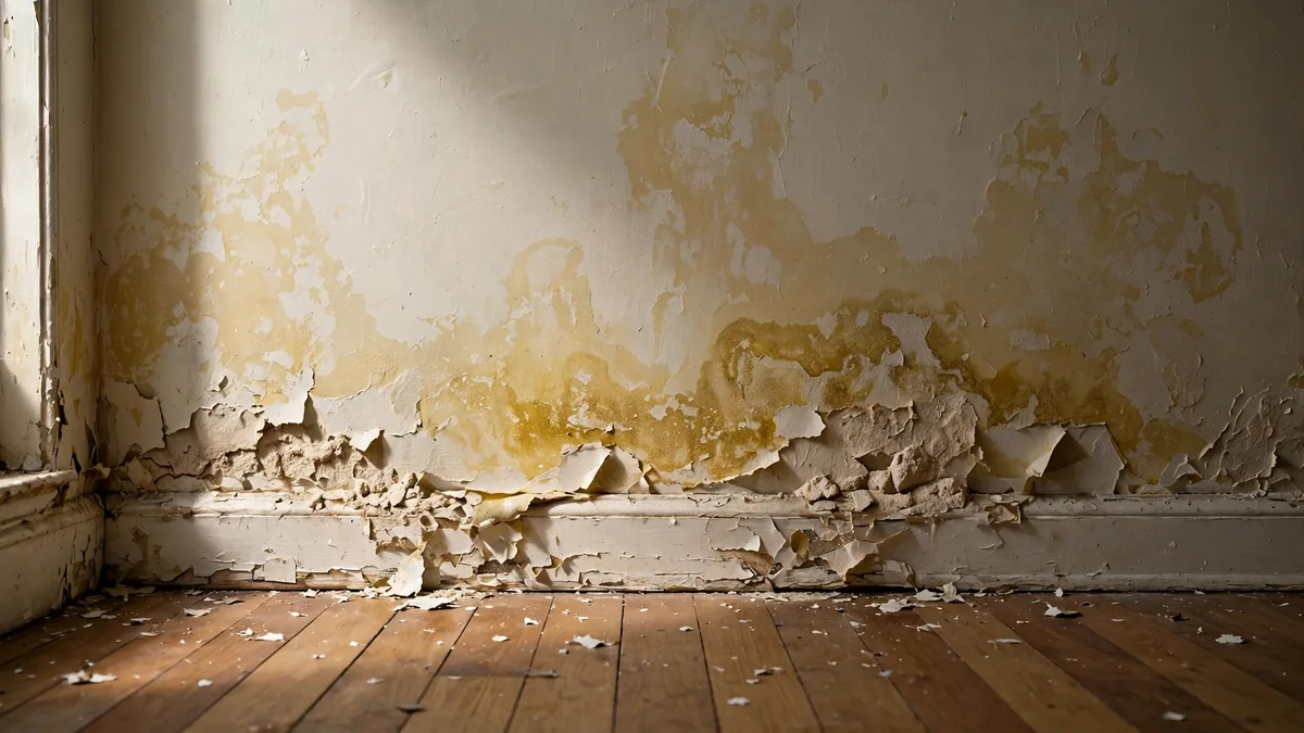 Parede com infiltração, mancha de umidade e pintura estufada perto do rodapé