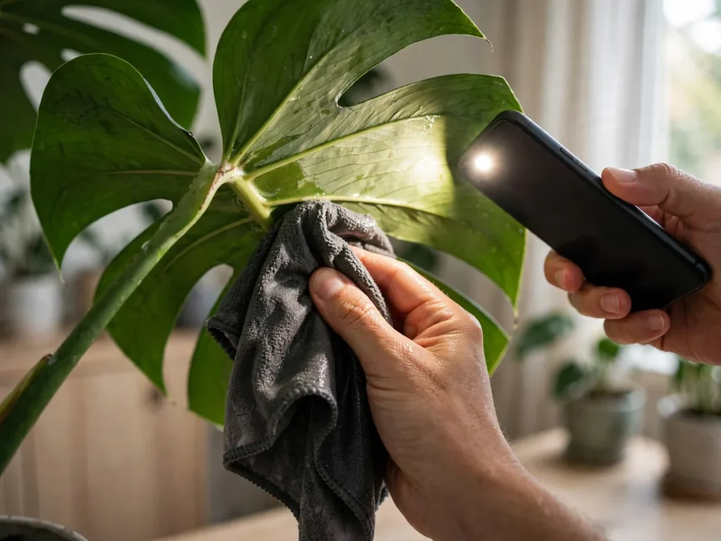 Inspeção e limpeza do verso das folhas com pano úmido e lanterna do celular