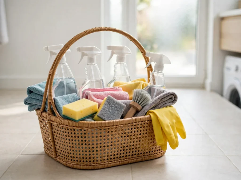 Cesto portátil com kit básico de limpeza, panos de microfibra e luvas