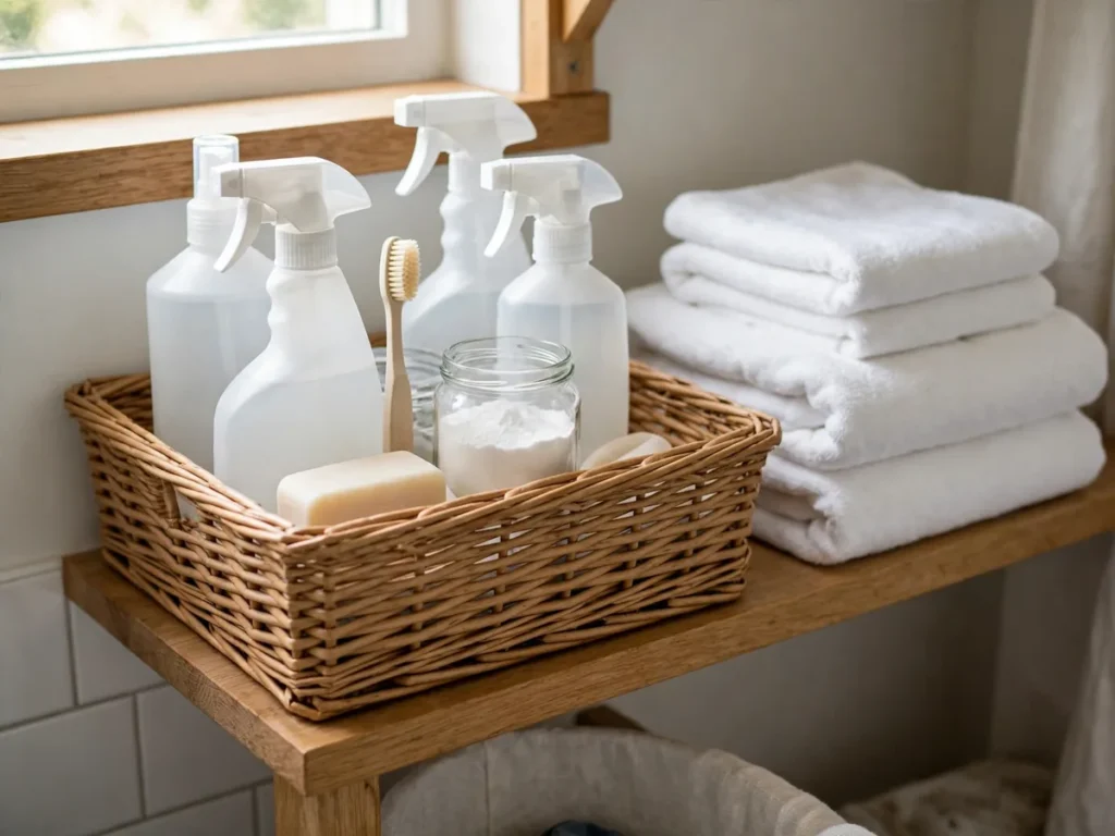Kit para tirar mancha de roupa organizado em cesto na lavanderia