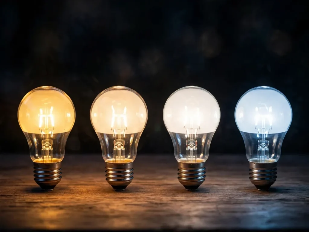 Quatro lâmpadas LED acesas mostrando temperaturas de cor da quente à fria