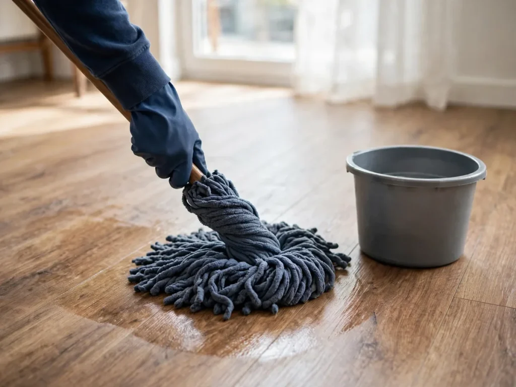 Mop de microfibra torcido limpando piso vinílico com aparência de madeira