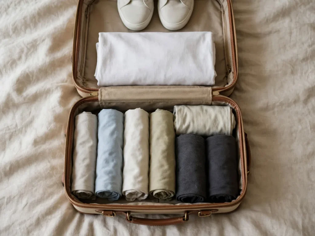 Mala aberta com roupas enroladas e dobradas para economizar espaço na viagem