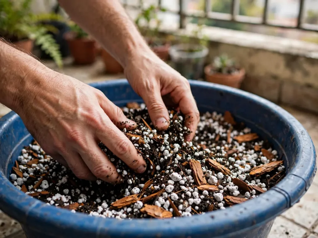 Mãos misturando terra, perlita e casca de pinus para fazer substrato caseiro