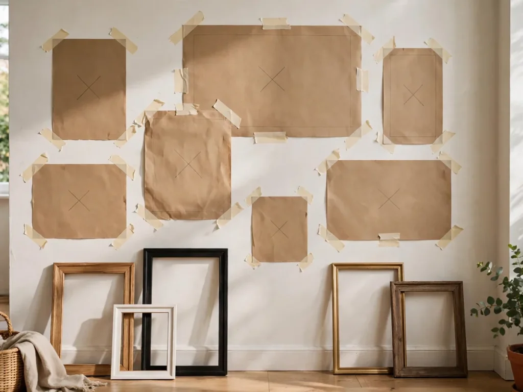 Moldes de papel kraft colados na parede para testar a composição antes de pendurar