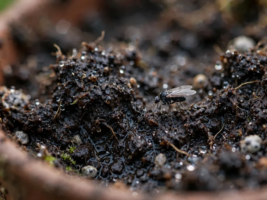 Mosquinha preta pousada na superfície de terra úmida do vaso