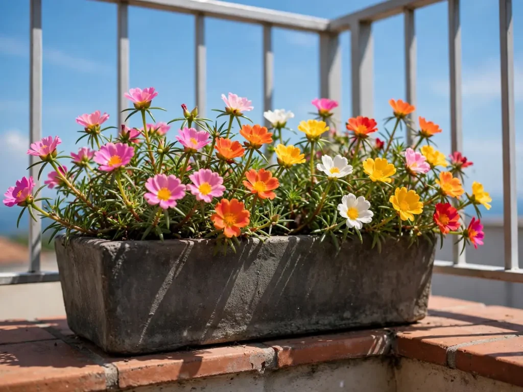 Jardineira com onze-horas floridas em várias cores sob sol forte na varanda