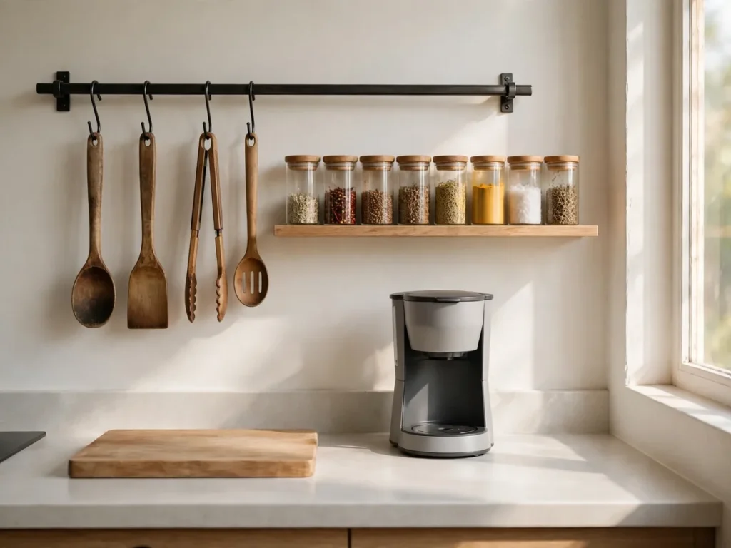 Parede de cozinha com barra de utensílios e prateleira de temperos para liberar os armários