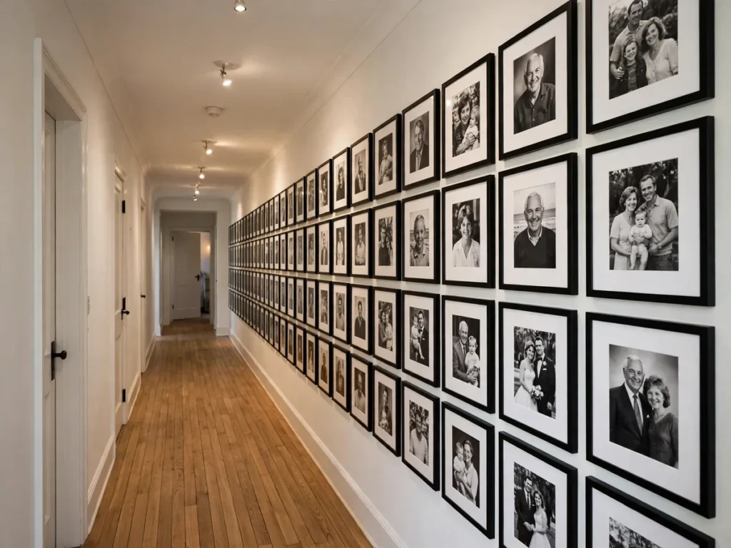 Corredor com parede de quadros de fotos de família em molduras pretas iguais
