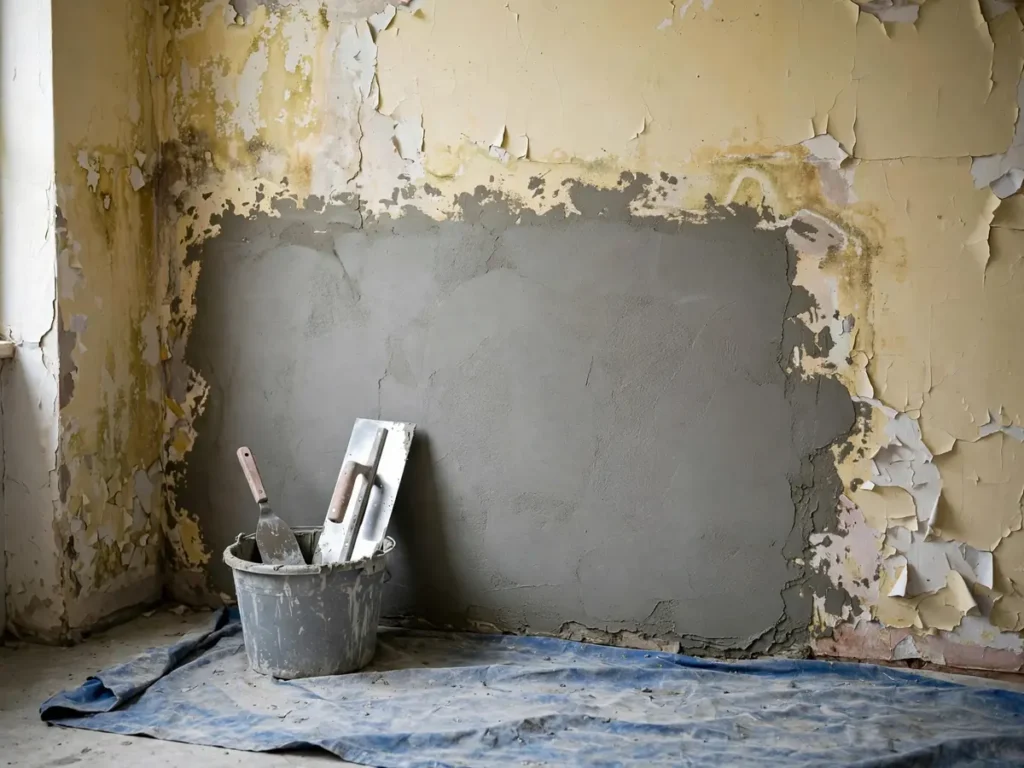 Parede com reboco novo após remoção da pintura danificada pela infiltração