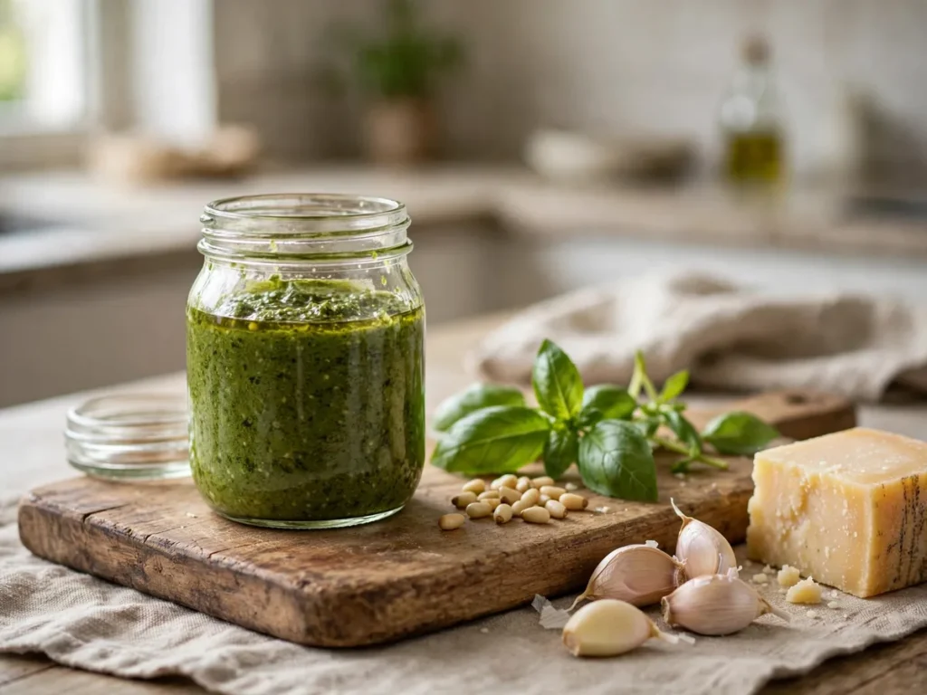 Pesto caseiro em pote de vidro com folhas de manjericão, castanhas e queijo